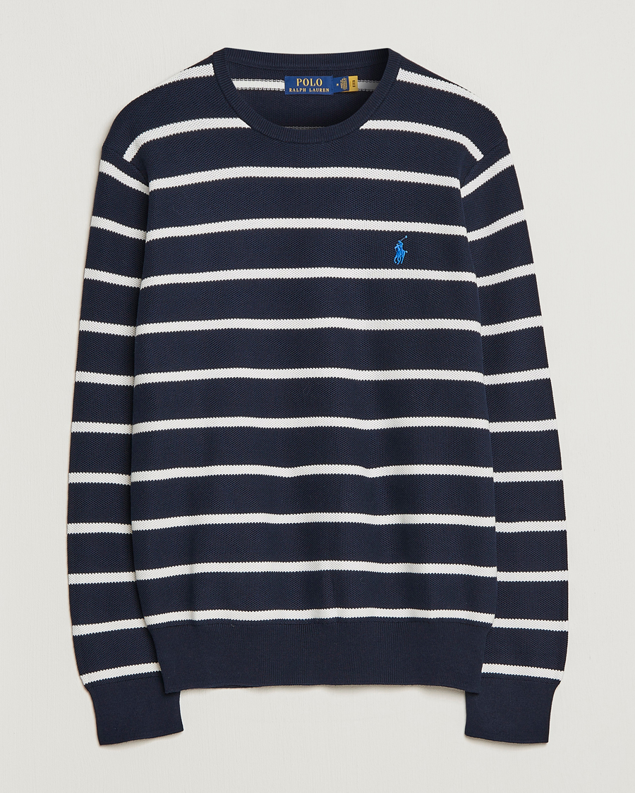 Men | Sweaters & Knitwear | Polo Ralph Lauren | Textured Striped Crew Neck Sweater Navy/White