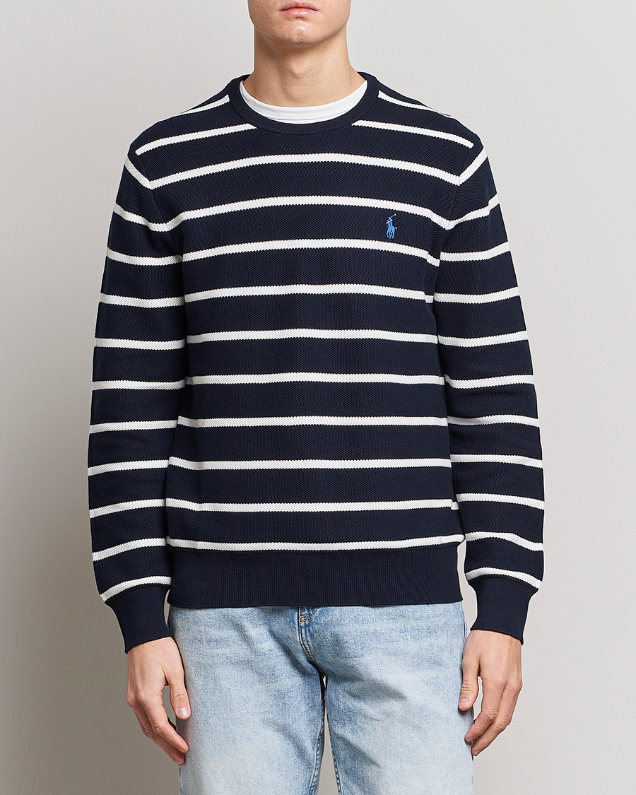 Men | Sweaters & Knitwear | Polo Ralph Lauren | Textured Striped Crew Neck Sweater Navy/White