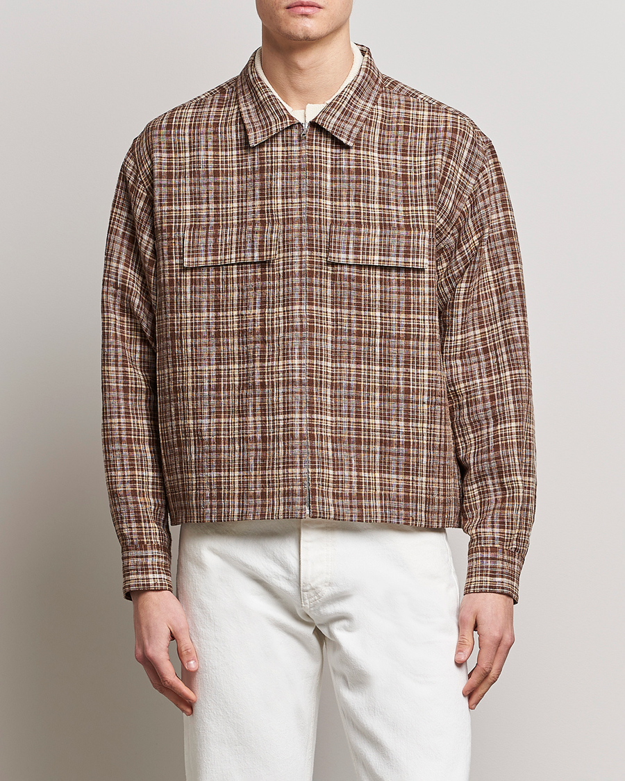ジャケット・アウター AURALEE LINEN SILK CHECK NOCOLLAR JACKET Auralee Linen Silk Check Zip Blouson - Brown | Garmentory