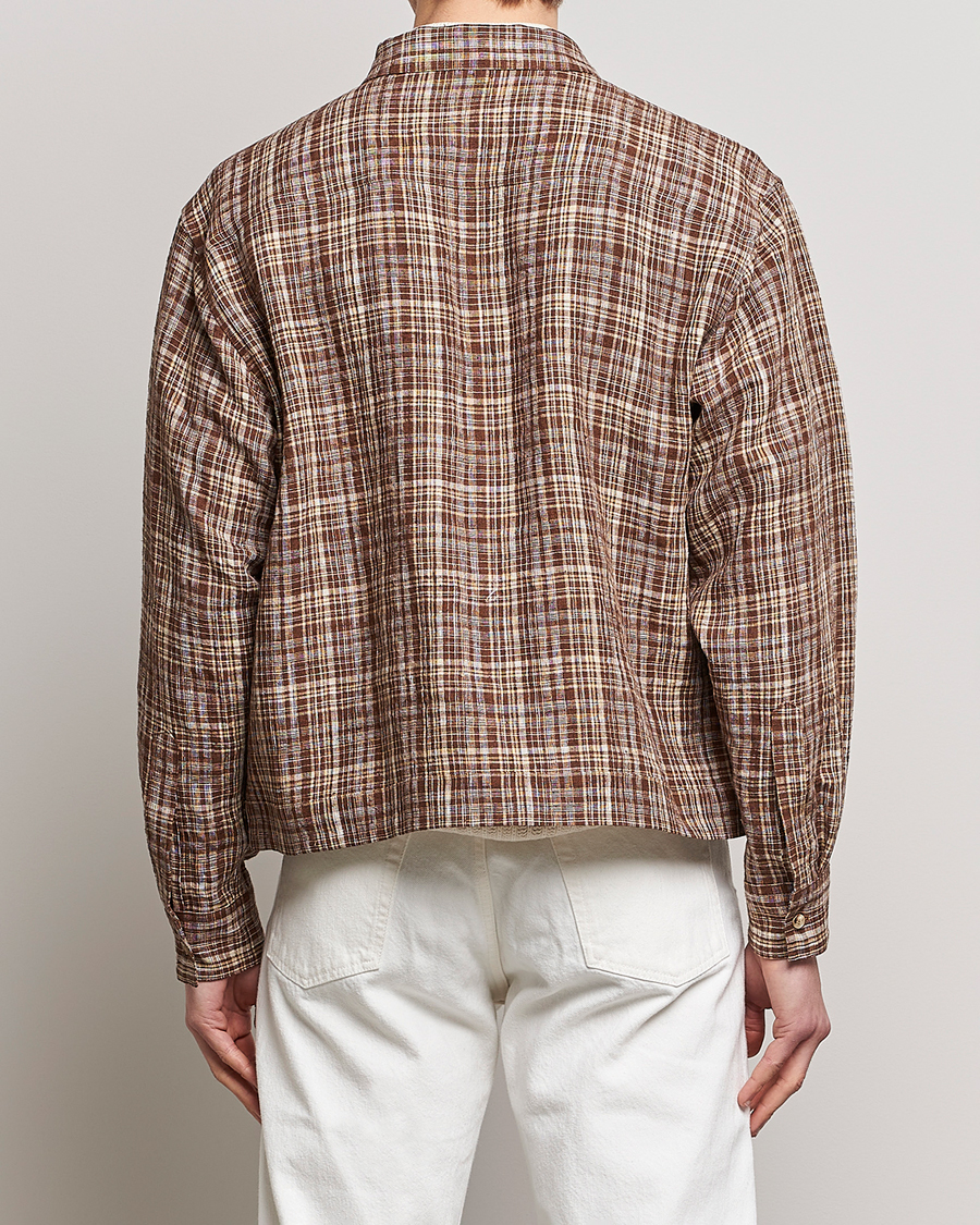 ジャケット・アウター AURALEE LINEN SILK CHECK NOCOLLAR JACKET Auralee Linen/Silk Zip Blouson Brown Check at CareOfCarl.com