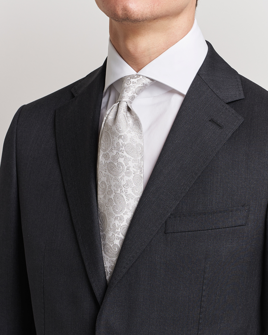 Men | Ties | Amanda Christensen | Silk Tonal Paisley Tie 8 cm Silver