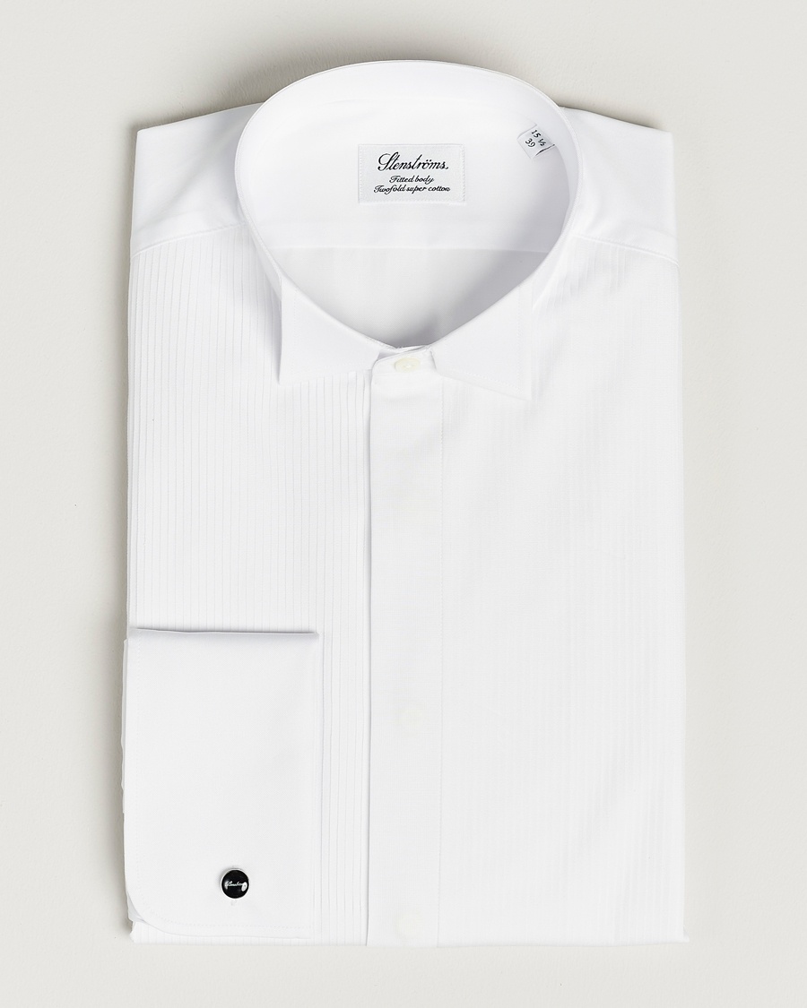 Men | Shirts | Stenströms | Fitted Body Stand Up Collar Plissè Shirt White