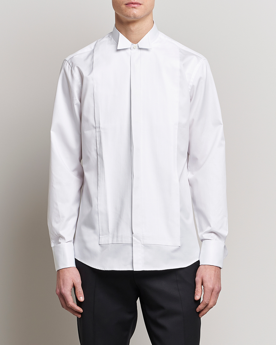 Men | Shirts | Stenströms | Fitted Body Stand Up Collar Plissè Shirt White