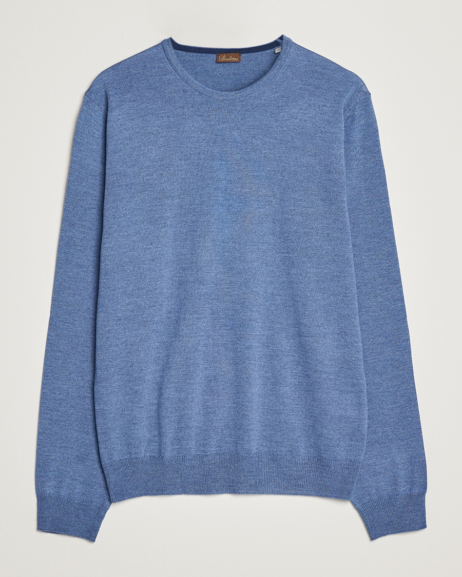 Men | Sweaters & Knitwear | Stenströms | Merino Patch Crew Neck Light Blue/Blue