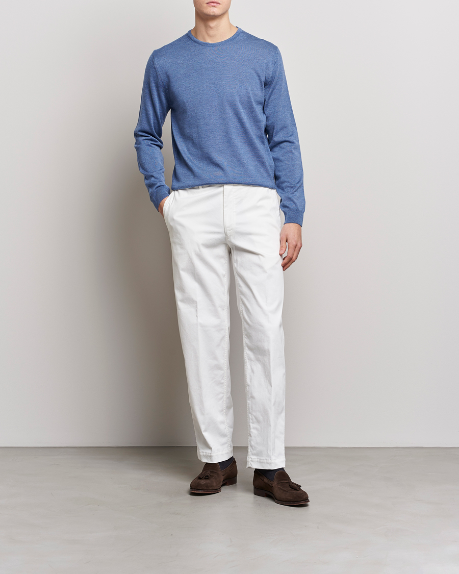Men | Sweaters & Knitwear | Stenströms | Merino Patch Crew Neck Light Blue/Blue