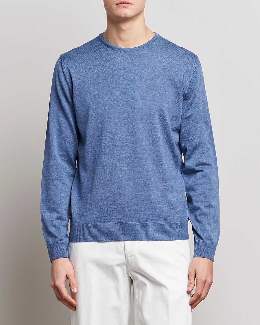 Men | Sweaters & Knitwear | Stenströms | Merino Patch Crew Neck Light Blue/Blue