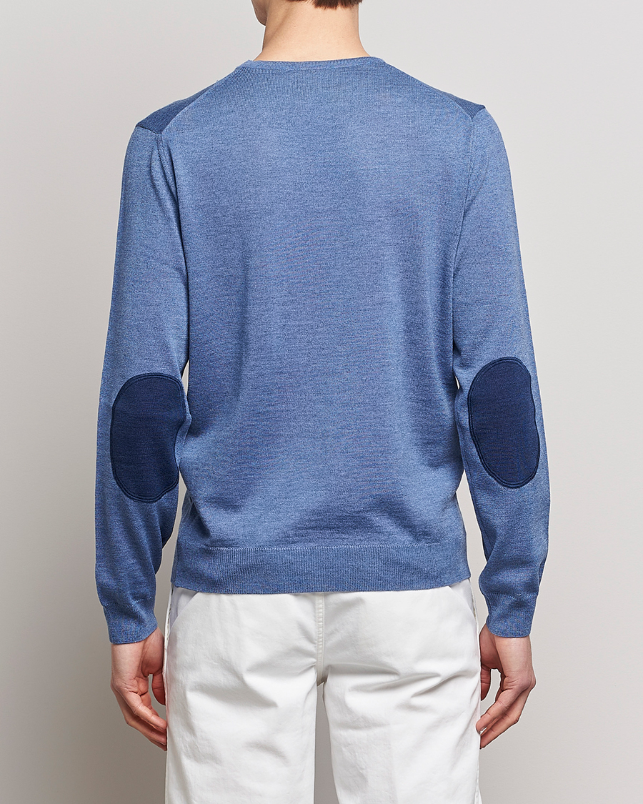 Men | Sweaters & Knitwear | Stenströms | Merino Patch Crew Neck Light Blue/Blue