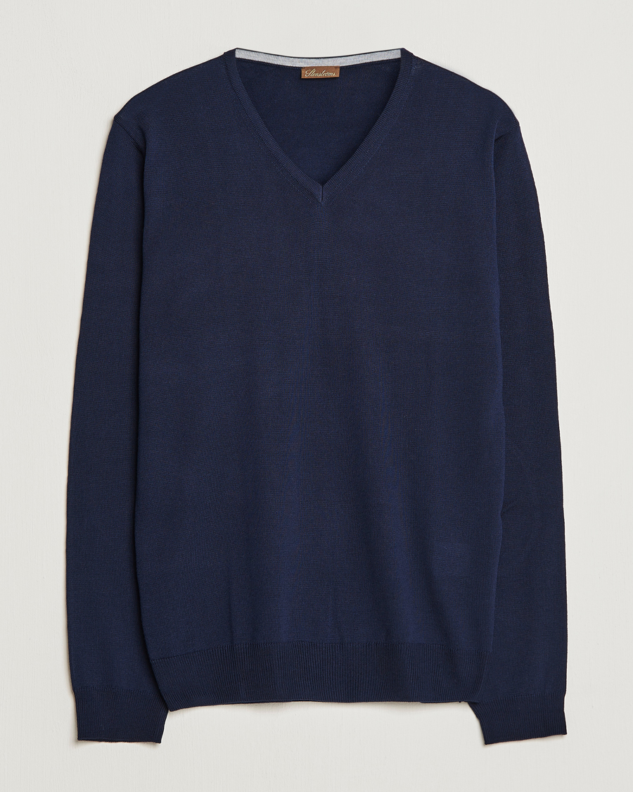 Men | Sweaters & Knitwear | Stenströms | Merino Patch V-Neck Navy/Light Grey