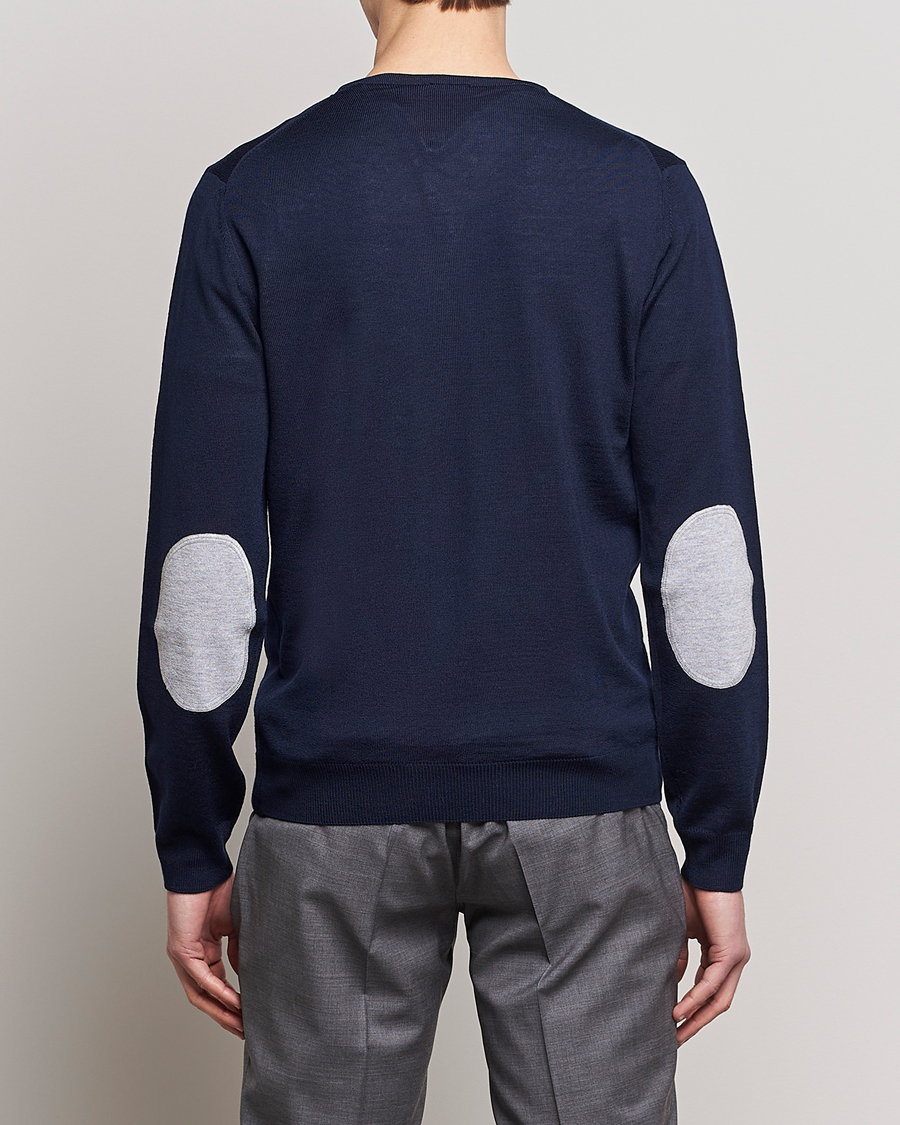 Men | Sweaters & Knitwear | Stenströms | Merino Patch V-Neck Navy/Light Grey
