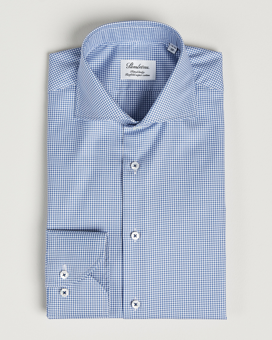 Men | Shirts | Stenströms | Fitted Body Small Check Cut Away Shirt Blue