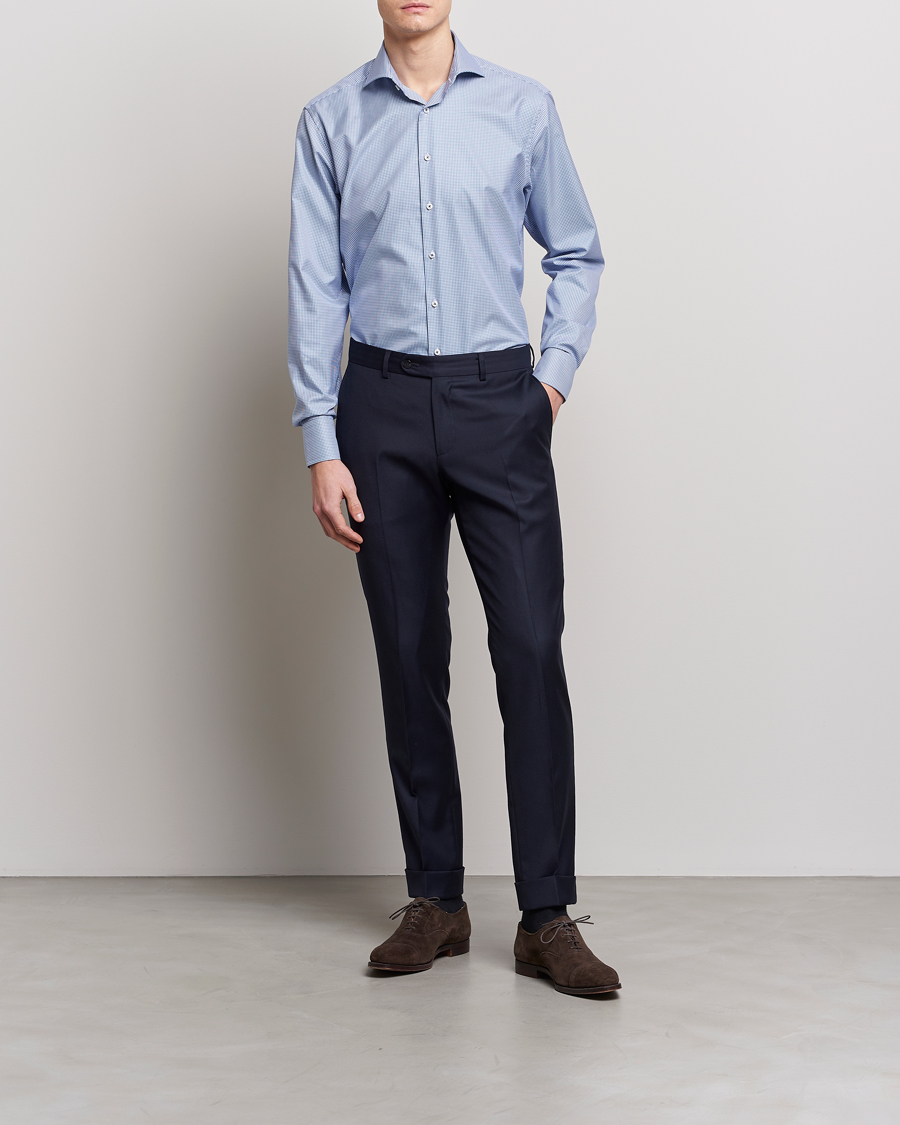 Men | Shirts | Stenströms | Fitted Body Small Check Cut Away Shirt Blue