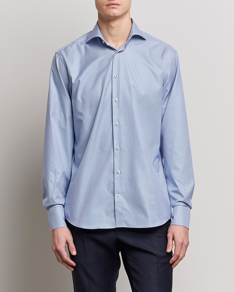 Men | Shirts | Stenströms | Fitted Body Small Check Cut Away Shirt Blue