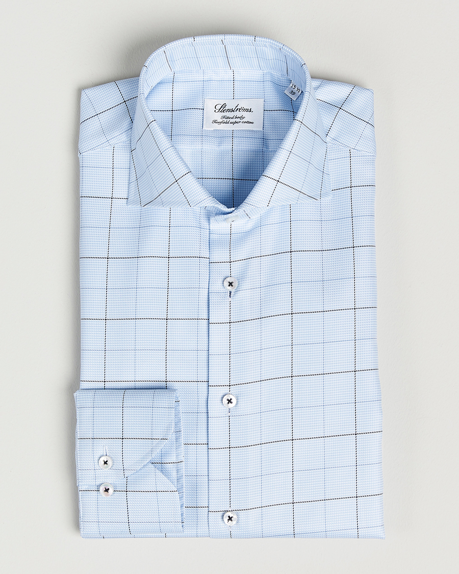Men | Shirts | Stenströms | Fitted Body Cut Away Windowpane Shirt Blue