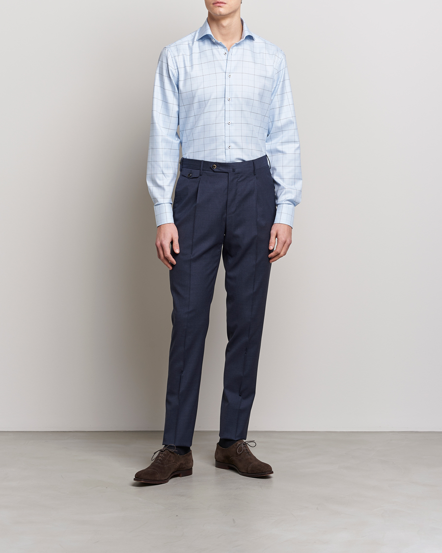 Men | Shirts | Stenströms | Fitted Body Cut Away Windowpane Shirt Blue