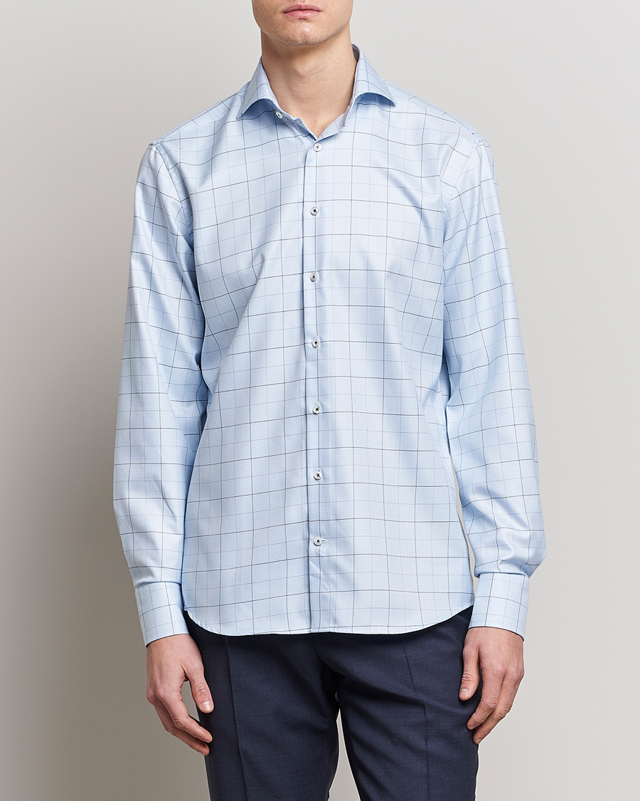 Men | Shirts | Stenströms | Fitted Body Cut Away Windowpane Shirt Blue