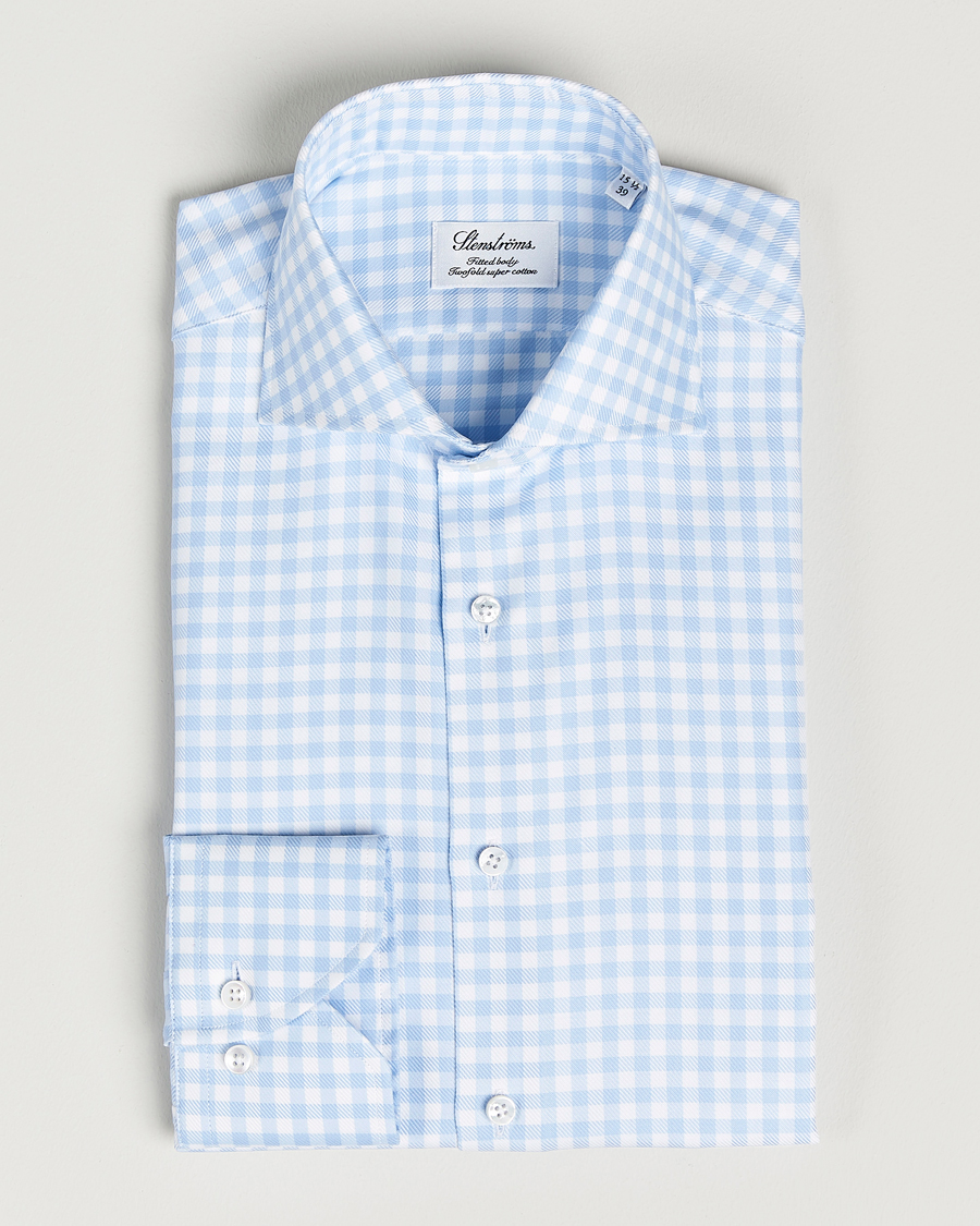 Men | Shirts | Stenströms | Fitted Body Checked Cut Away Shirt Light Blue