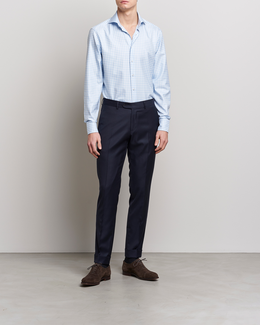 Men | Shirts | Stenströms | Fitted Body Checked Cut Away Shirt Light Blue