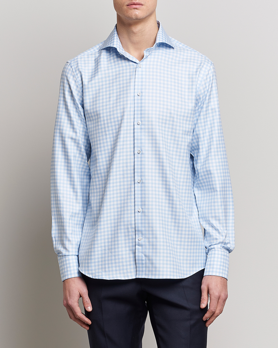 Men | Shirts | Stenströms | Fitted Body Checked Cut Away Shirt Light Blue