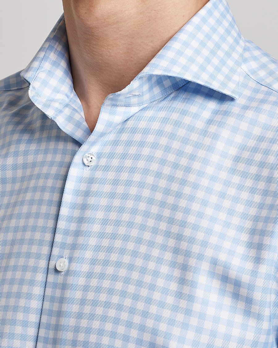 Men | Shirts | Stenströms | Fitted Body Checked Cut Away Shirt Light Blue