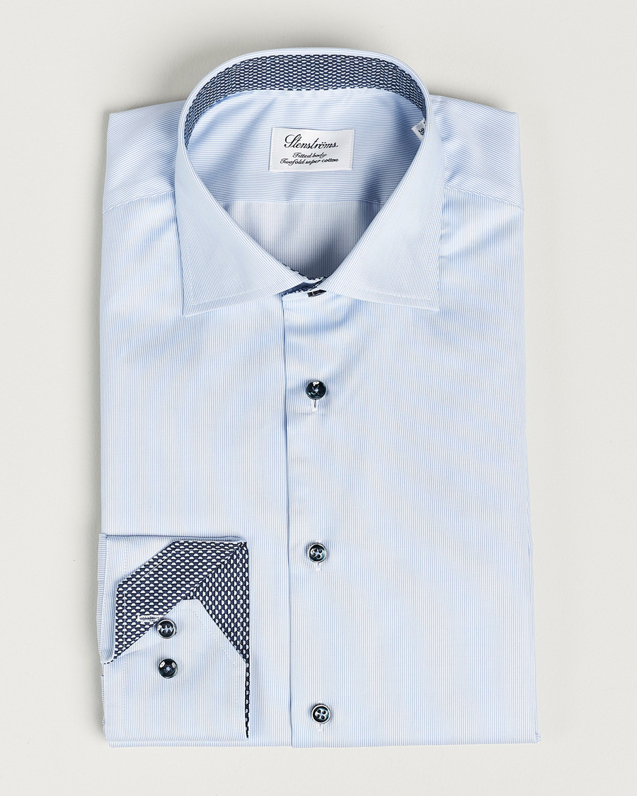 Men | Shirts | Stenströms | Fitted Body Contrast Cotton Shirt White/Blue