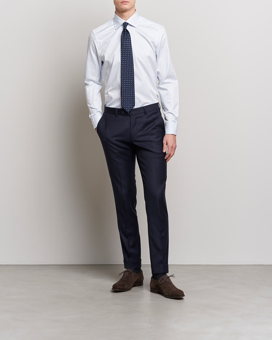 Men | Shirts | Stenströms | Slimline Cotton Double Cuff Shirt White/Blue