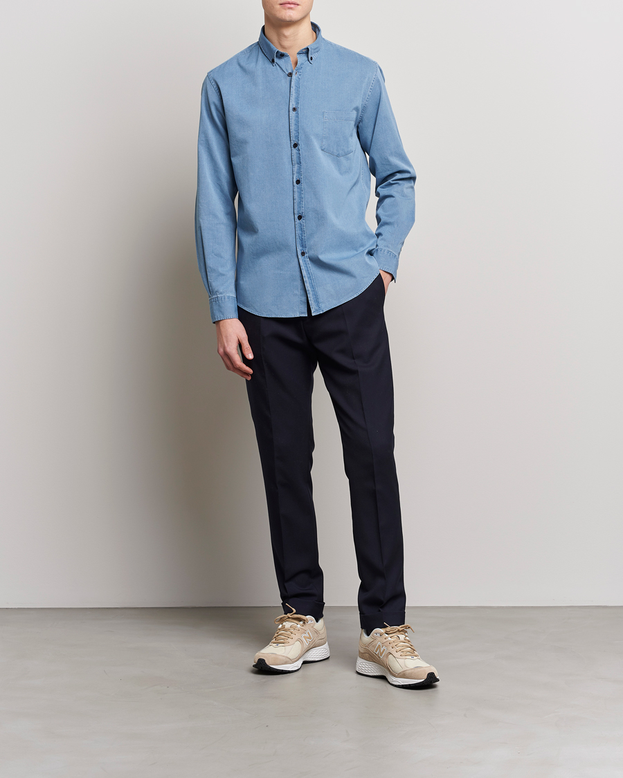 Men | Shirts | Sunspel | Cotton Twill Indigo Shirt Light Indigo
