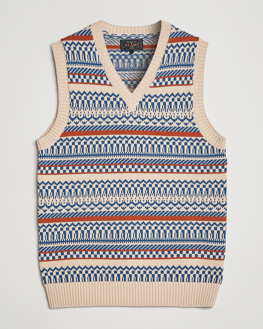 Men | Sweaters & Knitwear | BEAMS PLUS | Knit Fairisle Vest Natural