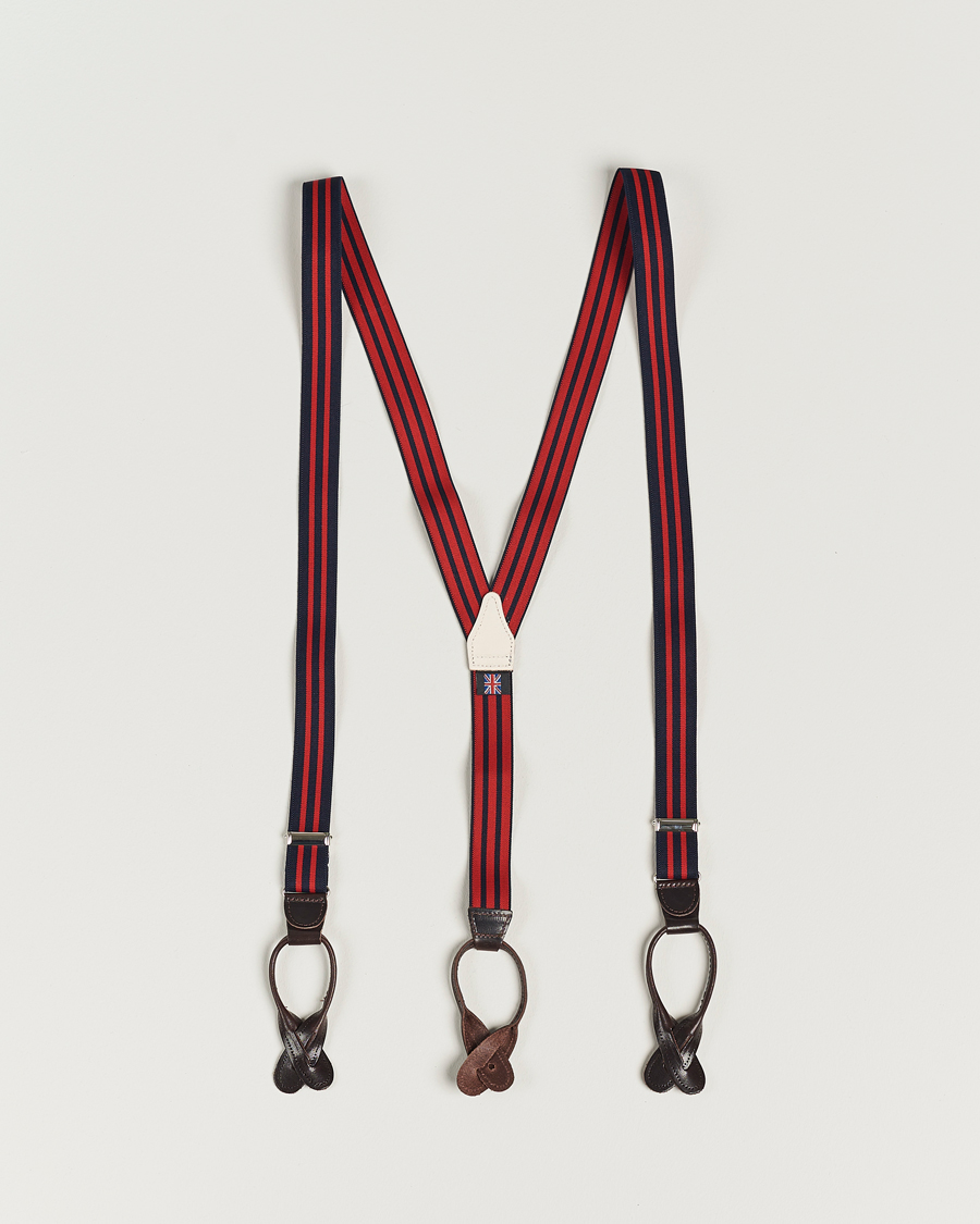 Men | Albert Thurston Elastic Narrow Stripe Braces 25mm Navy/Red | Albert Thurston | Elastic Narrow Stripe Braces 25mm Navy/Red