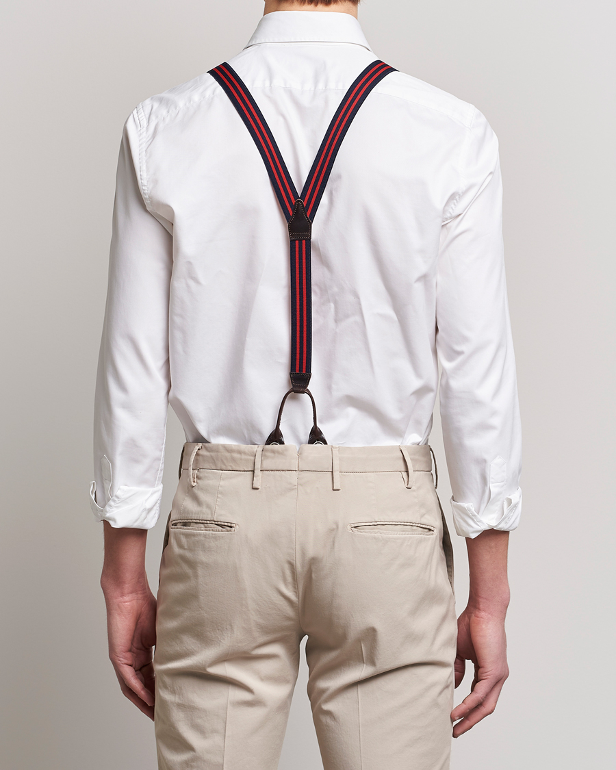 Men | Braces | Albert Thurston | Elastic Narrow Stripe Braces 25mm Navy/Red