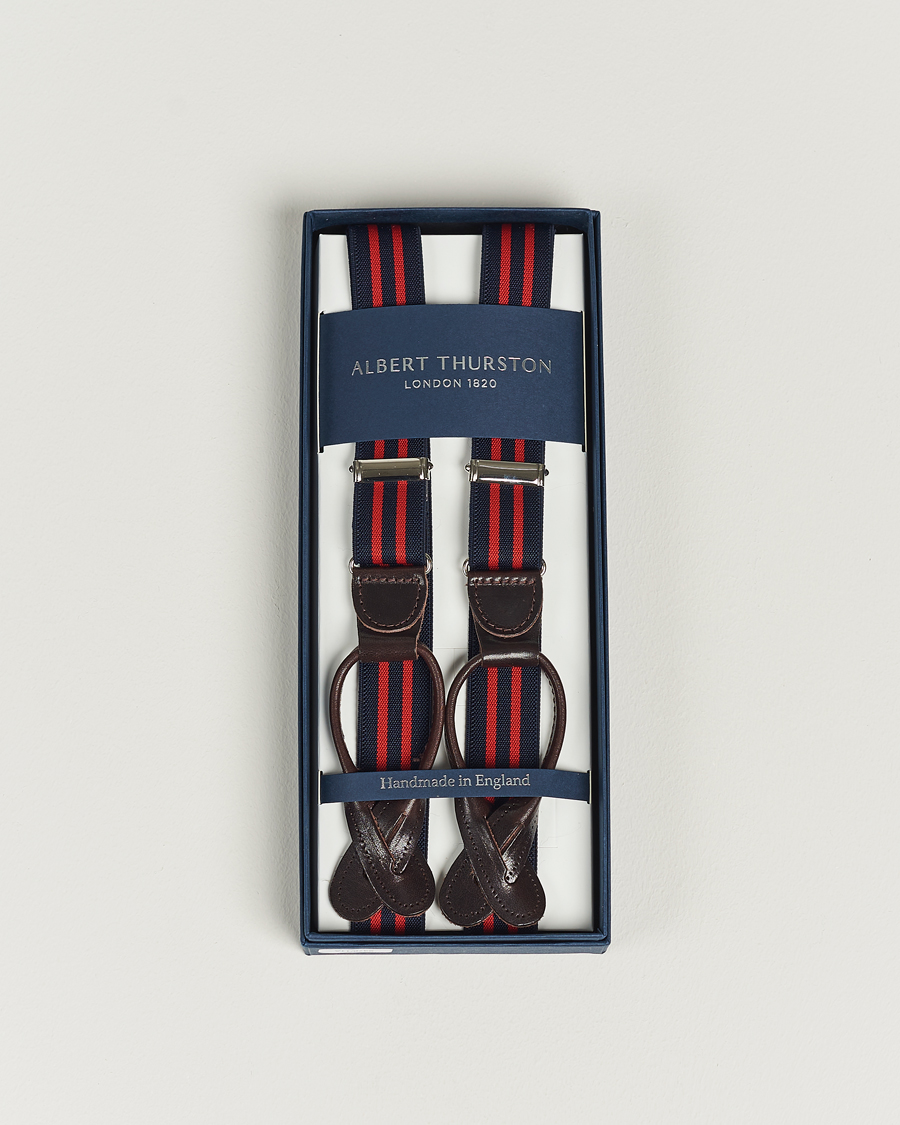 Men | Albert Thurston Elastic Narrow Stripe Braces 25mm Navy/Red | Albert Thurston | Elastic Narrow Stripe Braces 25mm Navy/Red