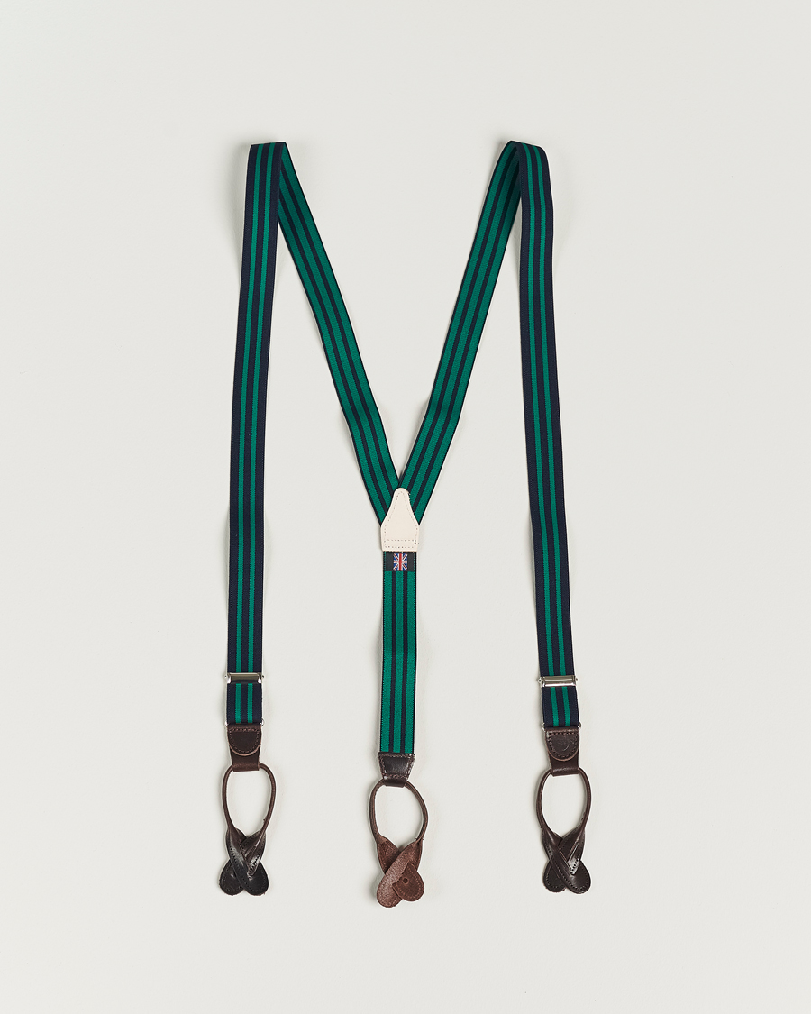Men | Albert Thurston Elastic Narrow Stripe Braces 25mm Navy/Green | Albert Thurston | Elastic Narrow Stripe Braces 25mm Navy/Green