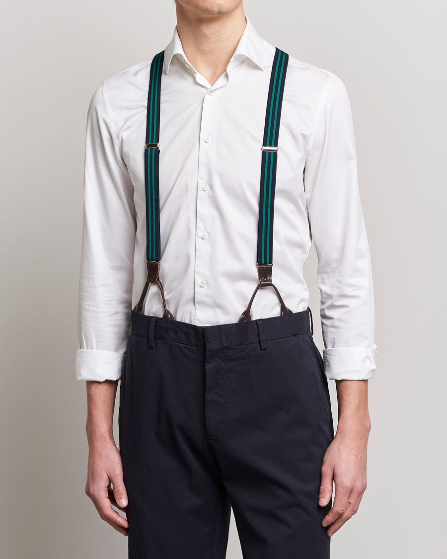 Men | Albert Thurston Elastic Narrow Stripe Braces 25mm Navy/Green | Albert Thurston | Elastic Narrow Stripe Braces 25mm Navy/Green