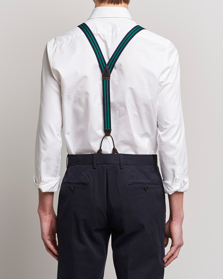 Men | Albert Thurston Elastic Narrow Stripe Braces 25mm Navy/Green | Albert Thurston | Elastic Narrow Stripe Braces 25mm Navy/Green