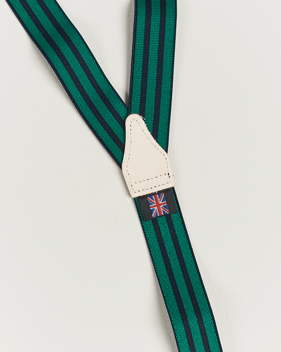 Men | Albert Thurston Elastic Narrow Stripe Braces 25mm Navy/Green | Albert Thurston | Elastic Narrow Stripe Braces 25mm Navy/Green