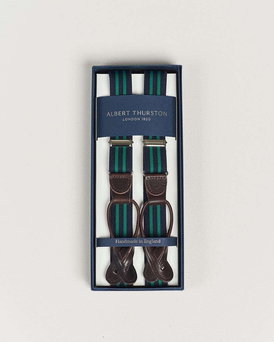 Men | Braces | Albert Thurston | Elastic Narrow Stripe Braces 25mm Navy/Green