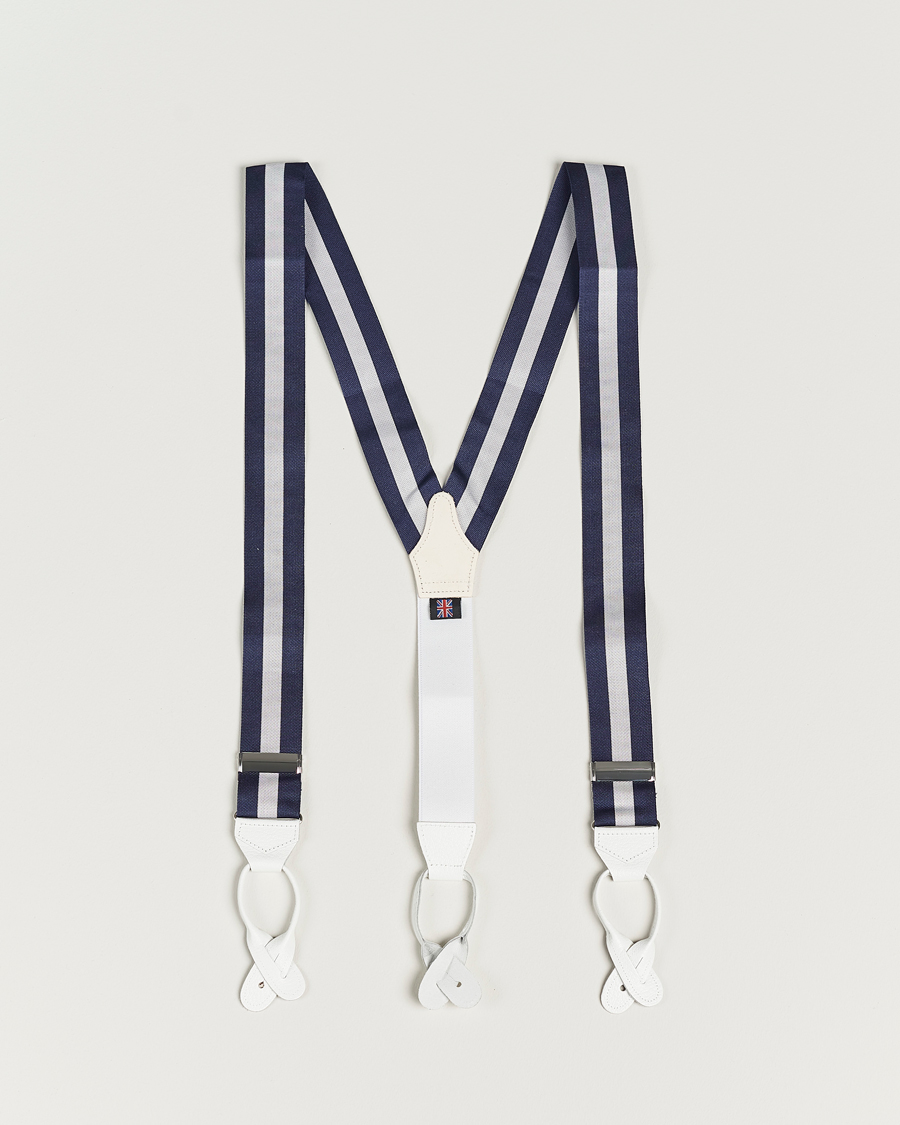 Men | Albert Thurston Elastic Wide Stripe Braces 40mm Navy/White | Albert Thurston | Elastic Wide Stripe Braces 40mm Navy/White