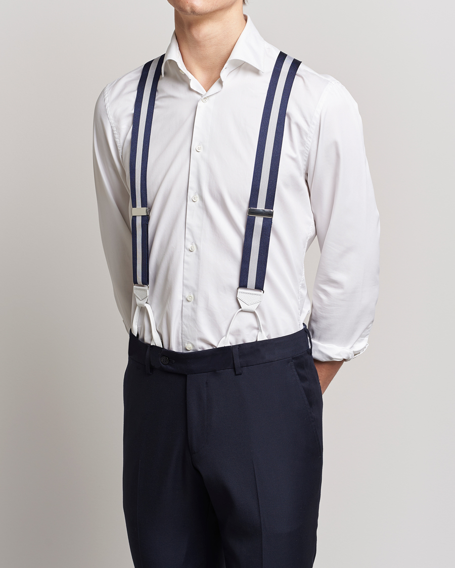 Men | Albert Thurston Elastic Wide Stripe Braces 40mm Navy/White | Albert Thurston | Elastic Wide Stripe Braces 40mm Navy/White