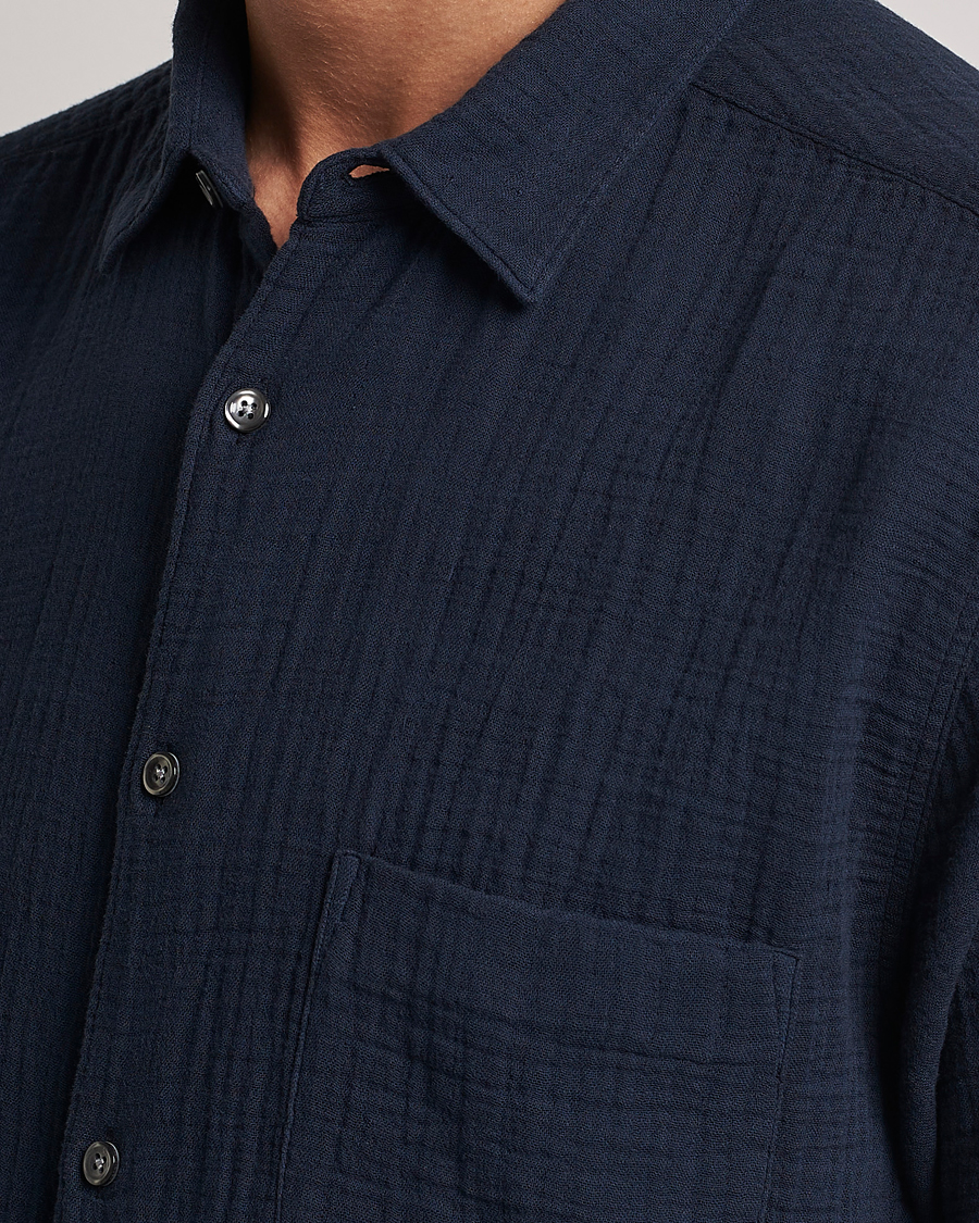 Men | Shirts | Oscar Jacobson | Short Sleeve City Crepe Cotton Shirt Navy