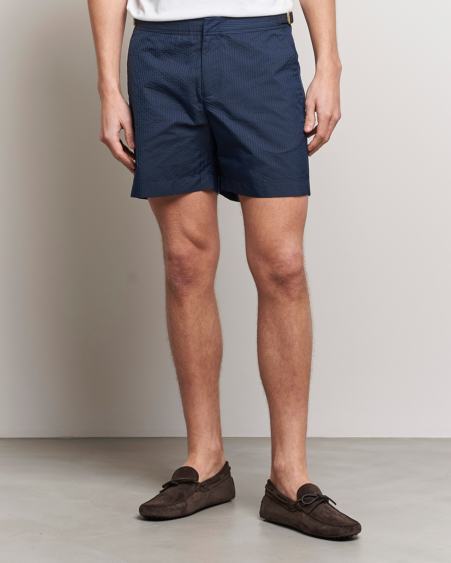 Men | Swimwear | Orlebar Brown | Bulldog Tonal Seersucker Swimshorts Night Iris