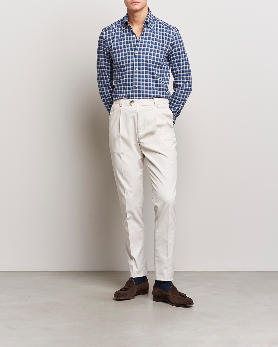 Men | Shirts | Mazzarelli | Soft Button Down Flannel Shirt Dark Blue