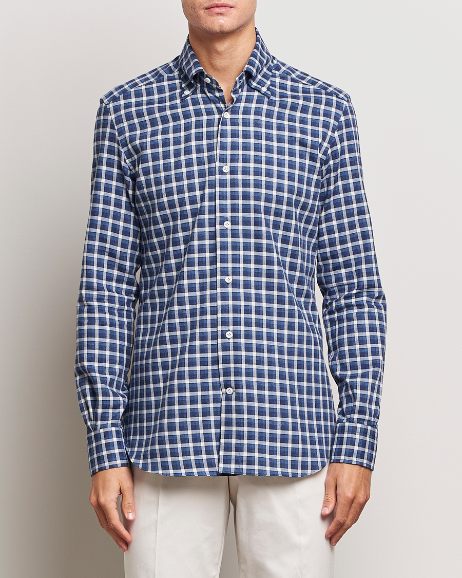 Men | Shirts | Mazzarelli | Soft Button Down Flannel Shirt Dark Blue