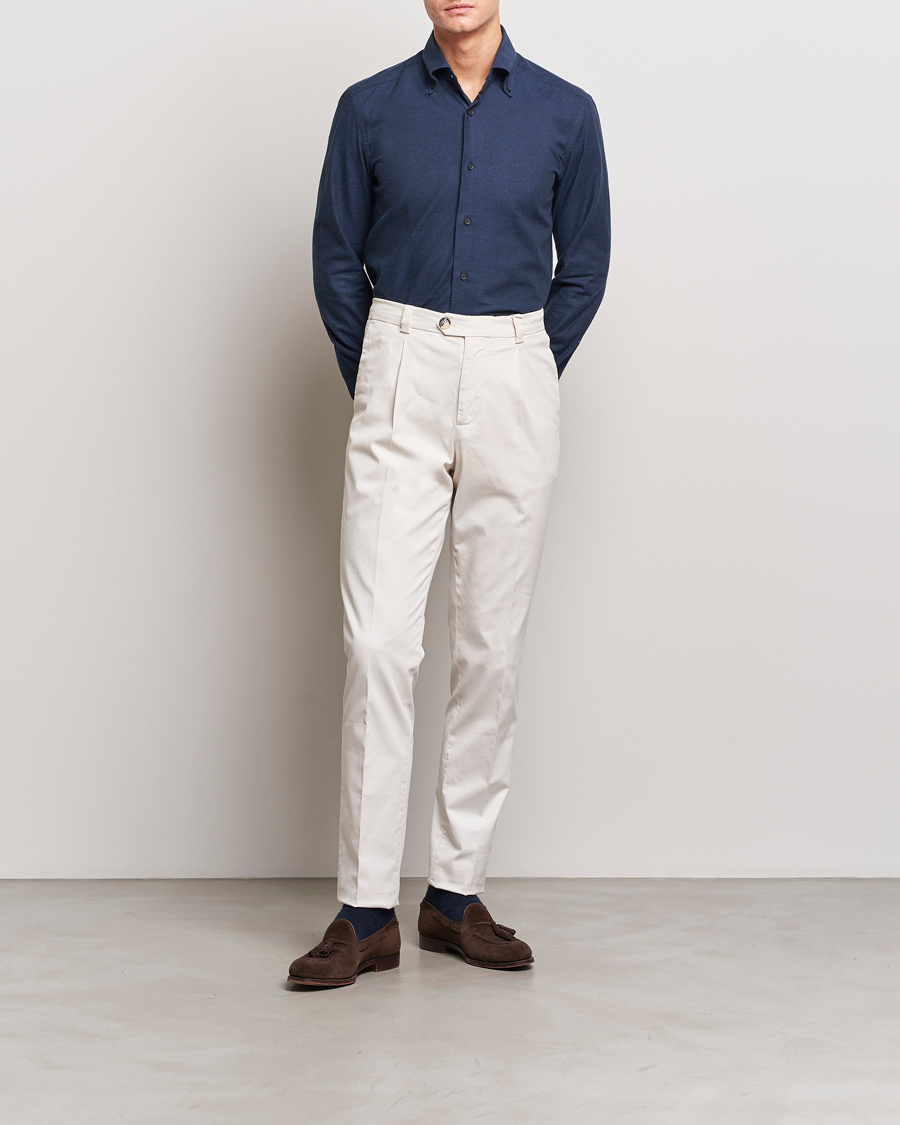 Men | Shirts | Mazzarelli | Soft Button Down Flannel Shirt Navy
