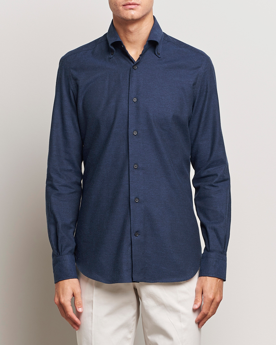 Men | Shirts | Mazzarelli | Soft Button Down Flannel Shirt Navy