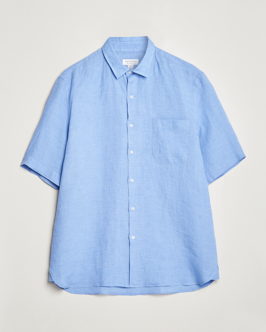 Men | Shirts | Sunspel | Short Sleeve Linen Shirt Cool Blue
