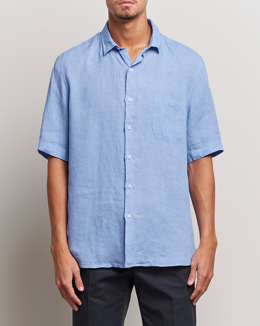 Men | Shirts | Sunspel | Short Sleeve Linen Shirt Cool Blue