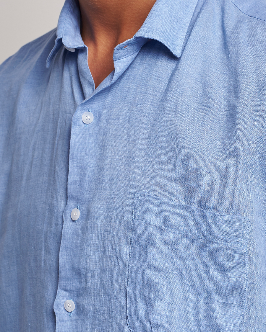 Men | Shirts | Sunspel | Short Sleeve Linen Shirt Cool Blue