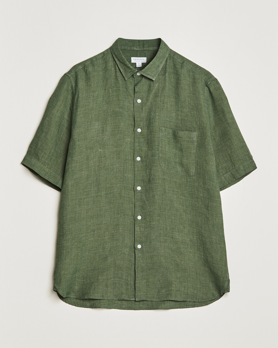 Men | Shirts | Sunspel | Short Sleeve Linen Shirt Hunter Green