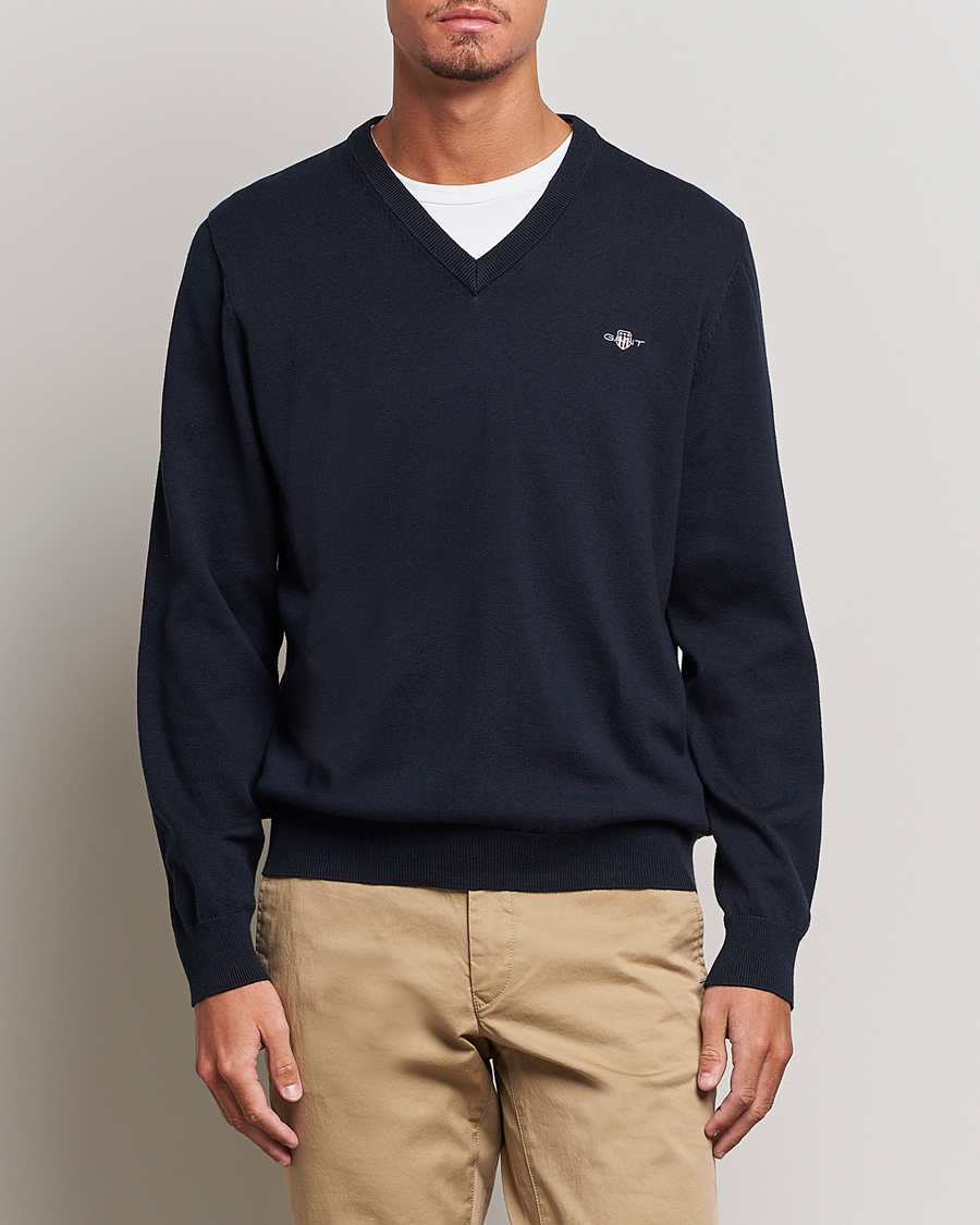 Men | Sweaters & Knitwear | GANT | Classic Cotton V-Neck Evening Blue