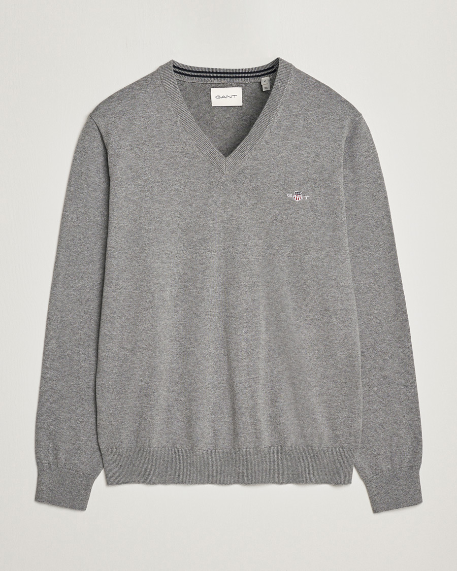 Men | Sweaters & Knitwear | GANT | Classic Cotton V-Neck Dark Grey Melange