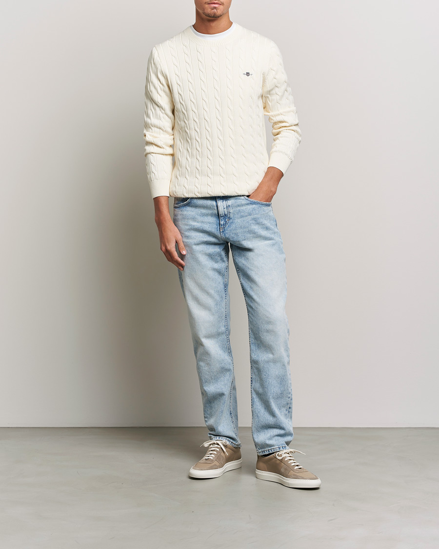 Men | Sweaters & Knitwear | Gant | Cotton Cable Crew Neck Cream